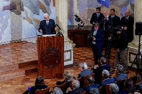 President of Italy Sergio Mattarella gives a keynote talk at the